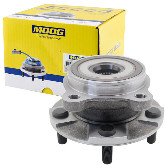 MOOG wheel hub assembly, shown in front of a yellow MOOG branded box with product image, automotive replacement part.