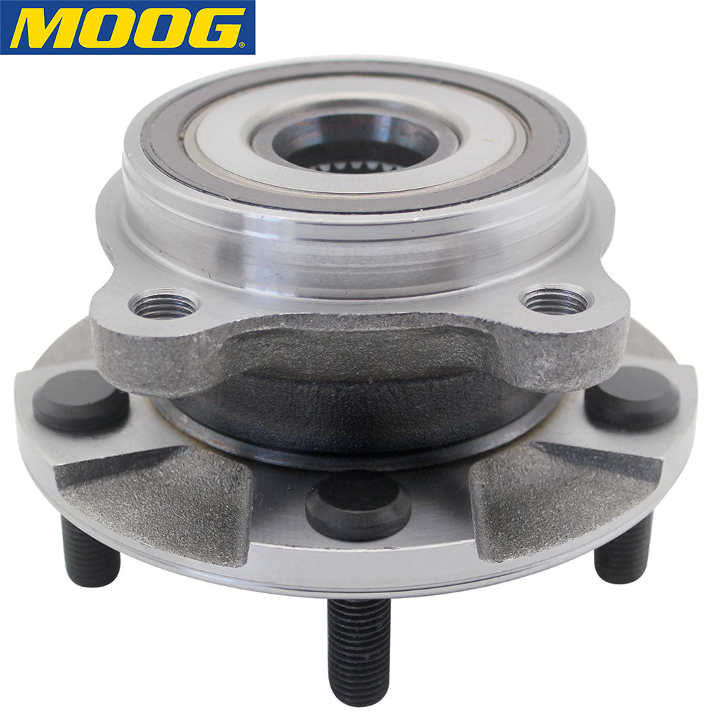 MOOG wheel hub assembly, shown in front of a yellow MOOG branded box with product image, automotive replacement part.