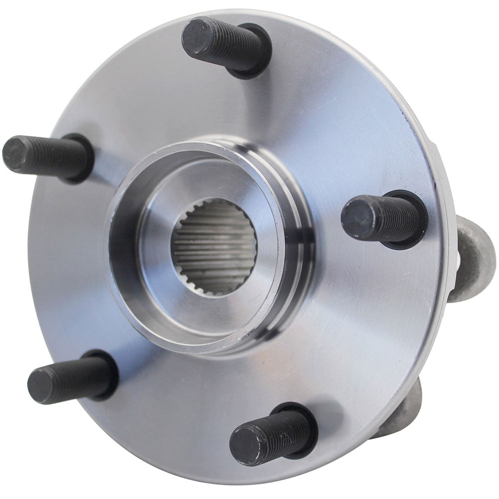 MOOG wheel hub assembly, shown in front of a yellow MOOG branded box with product image, automotive replacement part.