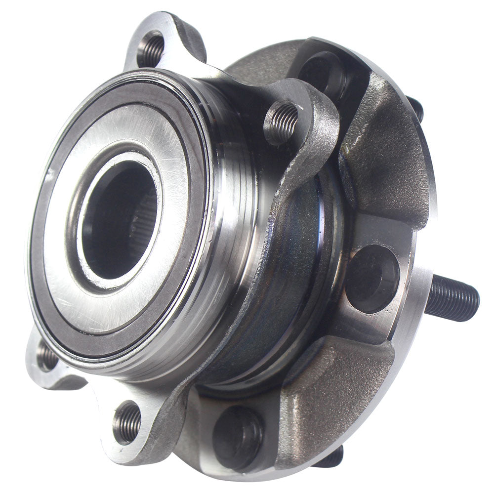 Two TIMKEN wheel hub assemblies with studs, displayed in front of an orange TIMKEN branded box, automotive replacement parts.