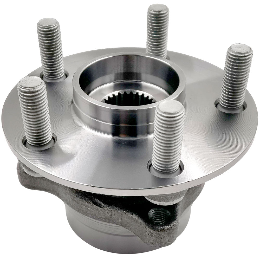 TIMKEN wheel hub assembly with bearing and studs, shown in front of an orange TIMKEN branded box, automotive replacement part.