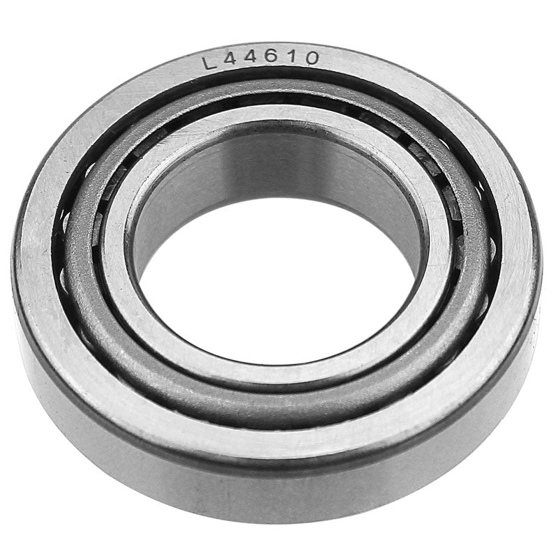 Close-up of L44610 tapered roller bearing outer race, showing metal surface and engraved part number.