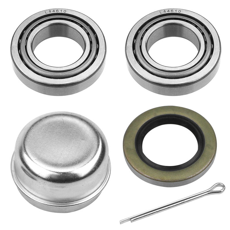 Wheel bearing kit components including two L44610 tapered roller bearings, a dust cap, an oil seal, and a cotter pin.