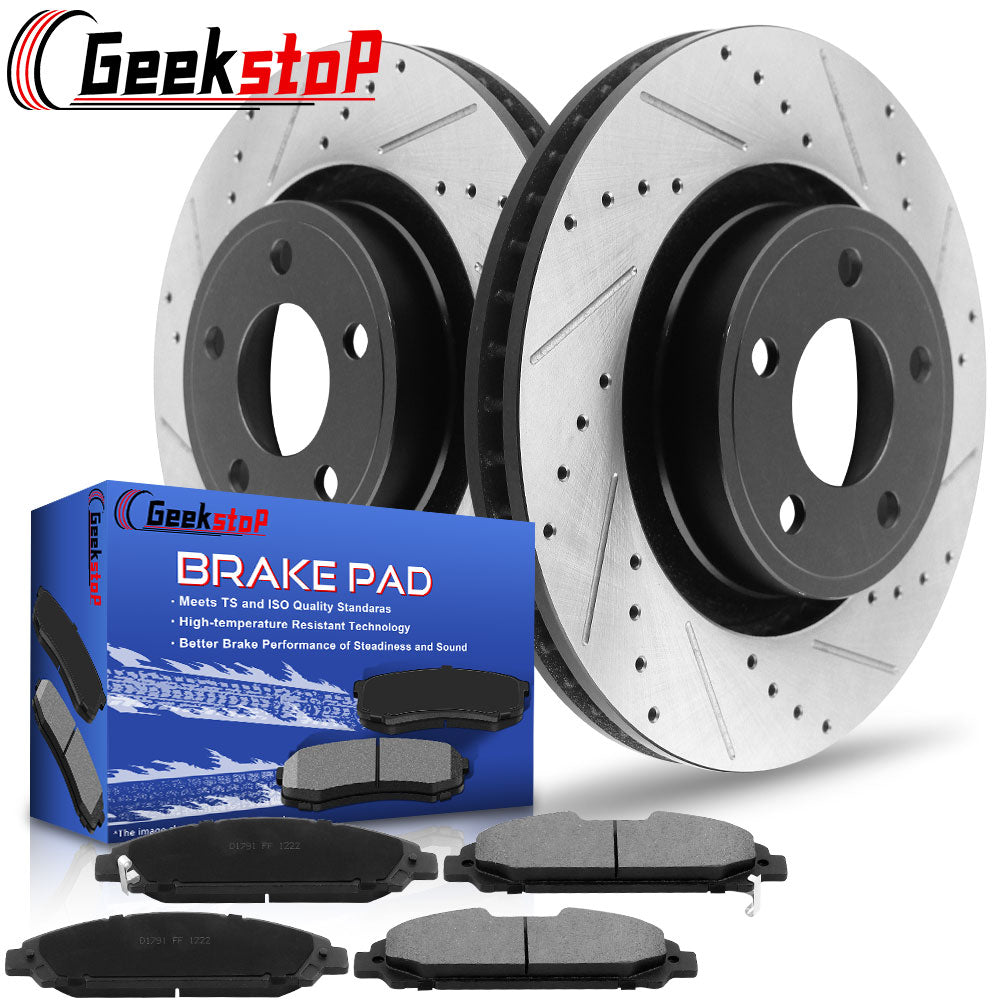 GEEKSTOP Drilled & Slotted Front Brake Rotors + Ceramic Brake Pads Kit fits for Ford Mustang 2015 - 2020 ( Not fit 5L 5.2L) - 320mm Front Base Brake Discs - Aimco YH21777,PRT6301 ,D1791