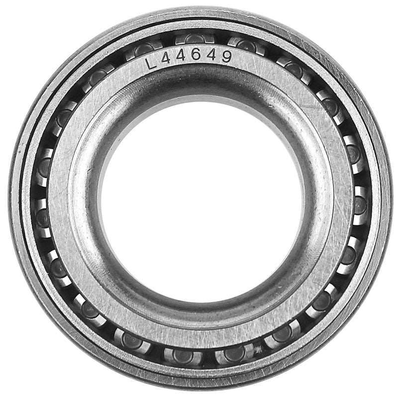 Close-up of L44649 tapered roller bearing inner race, showing engraved part number and visible roller elements.