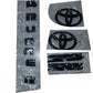 Black Toyota 4Runner emblem kit including two SR5 badges, two Toyota oval logos, and a set of '4Runner' letters.