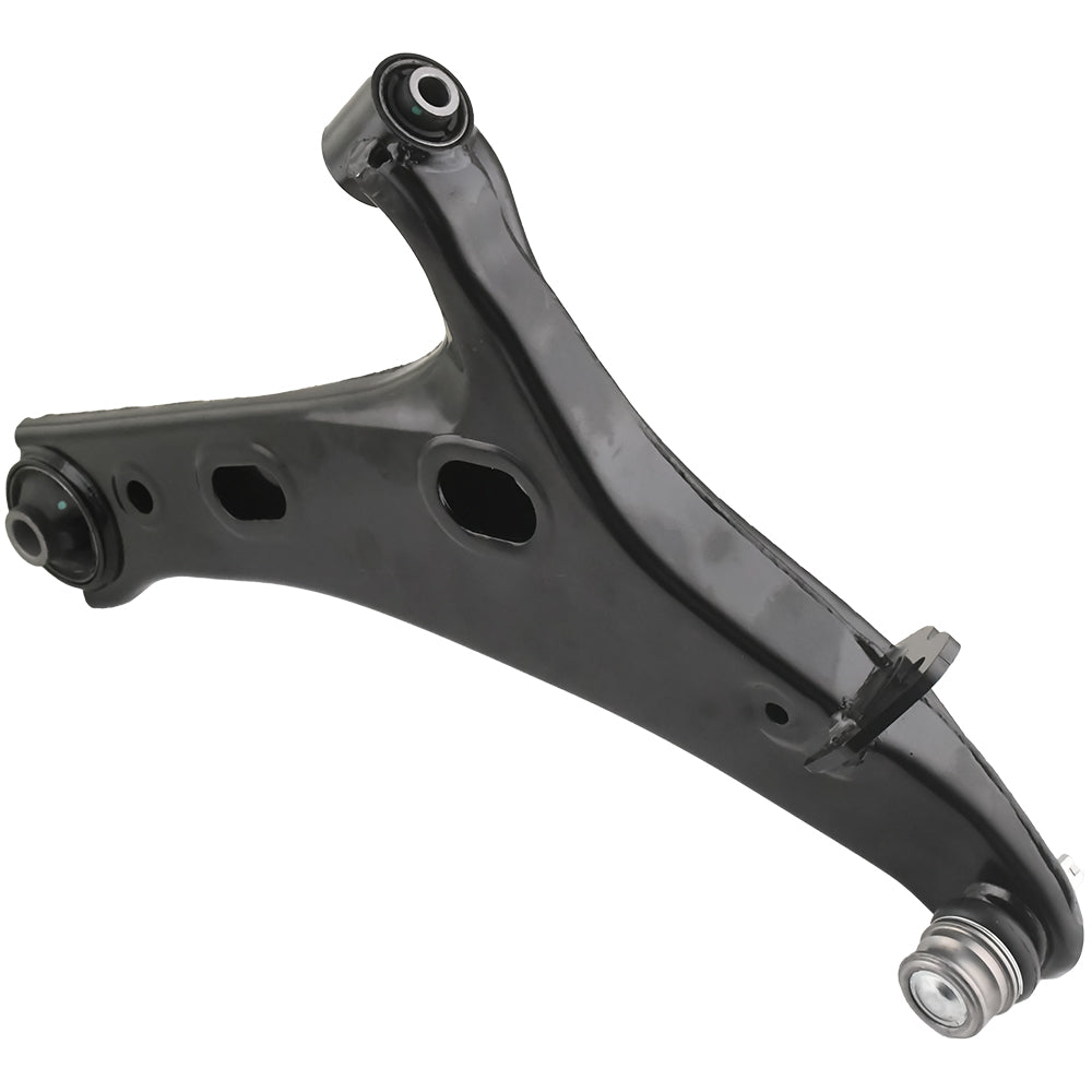 Two MOOG control arms with hardware, shown above a yellow-blue MOOG box labeled "Chassis Parts," automotive suspension components.

