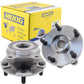 Two MOOG wheel hub assemblies in front of a yellow MOOG branded box with world map, automotive replacement parts.

