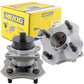 Two MOOG wheel hub assemblies with studs and ABS sensor, displayed in front of a yellow MOOG branded box, automotive replacement parts.

