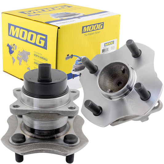 Two MOOG wheel hub assemblies with studs and ABS sensor, displayed in front of a yellow MOOG branded box, automotive replacement parts.

