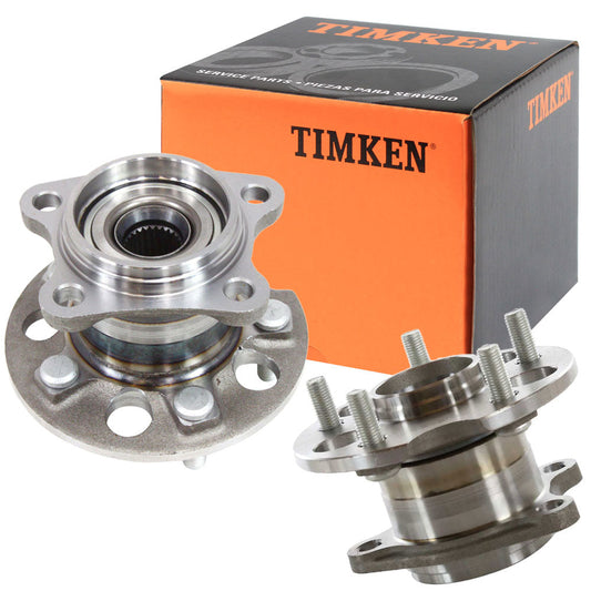 Two TIMKEN wheel hub assemblies with bearings, shown in front of an orange-black TIMKEN box, automotive replacement parts.

