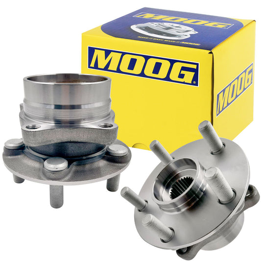 MOOG wheel hub assembly and bearing with yellow branded box, automotive replacement part.

