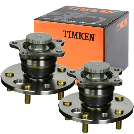 TIMKEN wheel hub assembly pair, strong and precise, easy to install, includes orange TIMKEN box for secure packaging.

