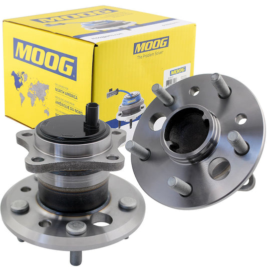 MOOG wheel hub assemblies, front and back view, with ABS sensor, precision fit, durable, shown with yellow MOOG box.

