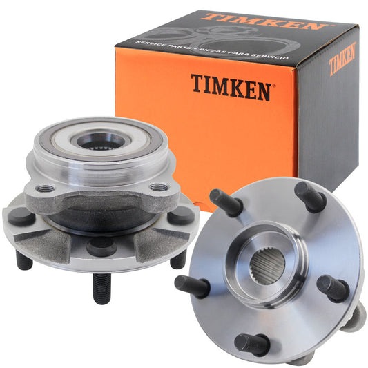 Two TIMKEN wheel hub assemblies with studs, shown from different angles, in front of an orange TIMKEN branded box, automotive replacement parts.

