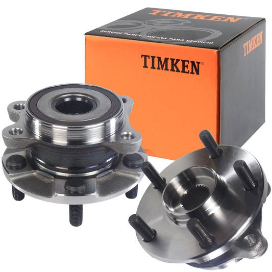 Two TIMKEN wheel hub assemblies with studs, displayed in front of an orange TIMKEN branded box, automotive replacement parts.

