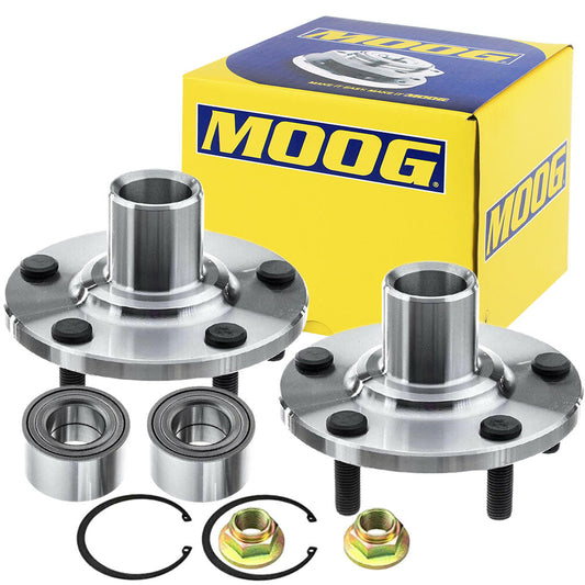 MOOG wheel hub assembly kit for two wheels, includes bearings, nuts, snap rings, durable build, easy installation, with yellow MOOG box.