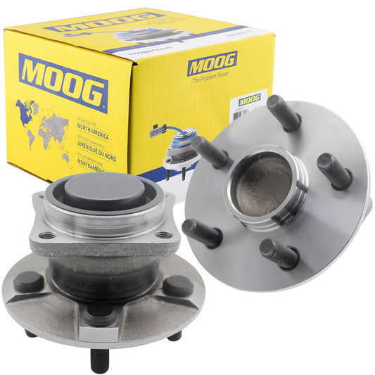 MOOG wheel hub assembly and bearing set, two angles shown, yellow branded box, automotive replacement part.

