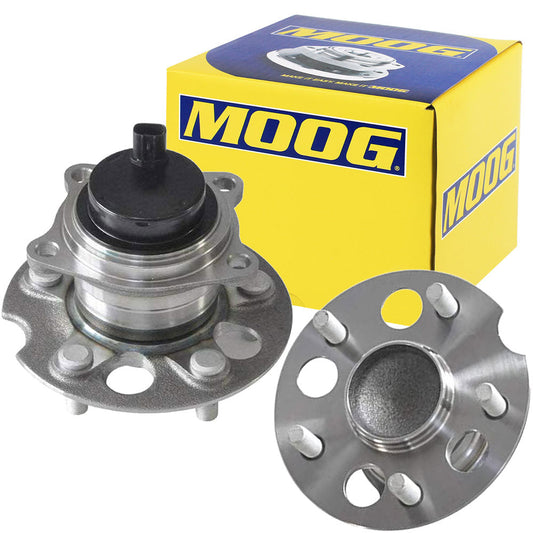 MOOG wheel hub assembly and bearing with sensor, yellow branded box, automotive replacement part.

