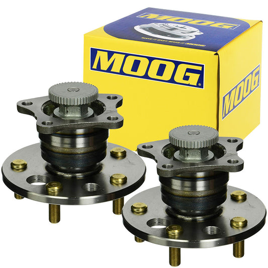 Pair of MOOG wheel hub assemblies with integrated ABS sensor gear, corrosion-resistant, heavy-duty construction, easy installation, ensures smooth and reliable vehicle performance.
