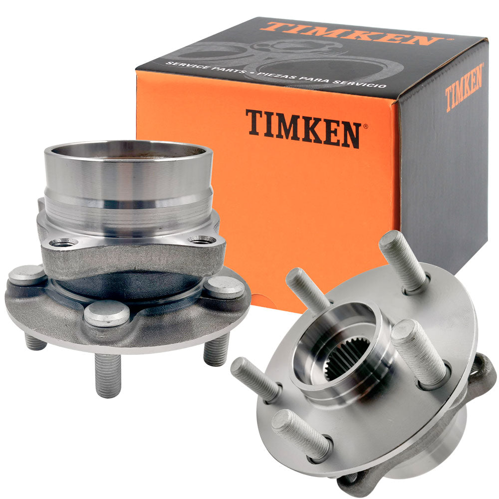 Two TIMKEN wheel hub assemblies with bearings and studs, displayed in front of an orange TIMKEN branded box, automotive replacement parts.

