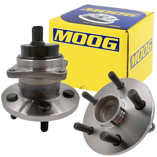MOOG wheel hub assemblies, front and back view, with ABS sensor, precision fit, durable, shown with yellow MOOG box.

