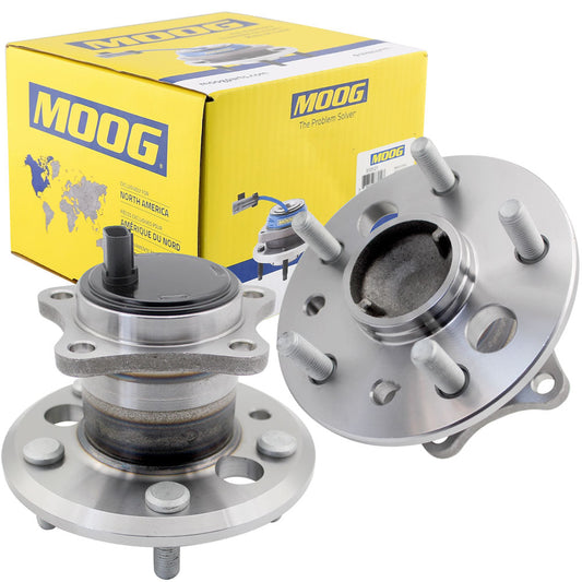 Pair of MOOG wheel hub assemblies with ABS sensor, durable, precise fit, easy install, yellow MOOG box for North America.

