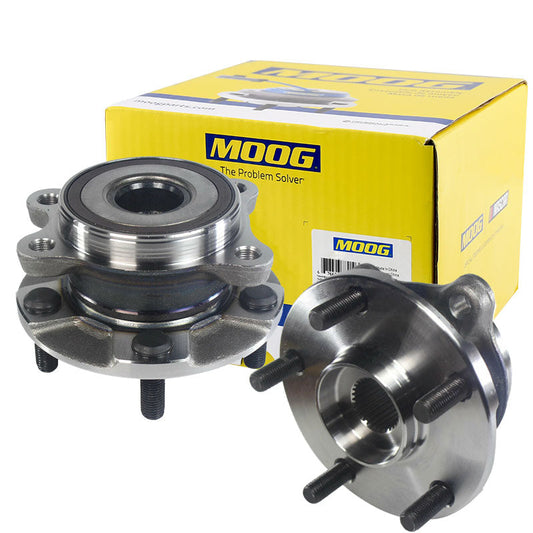 MOOG wheel hub assembly set, shown from two angles, with yellow MOOG branded box, automotive replacement part.

