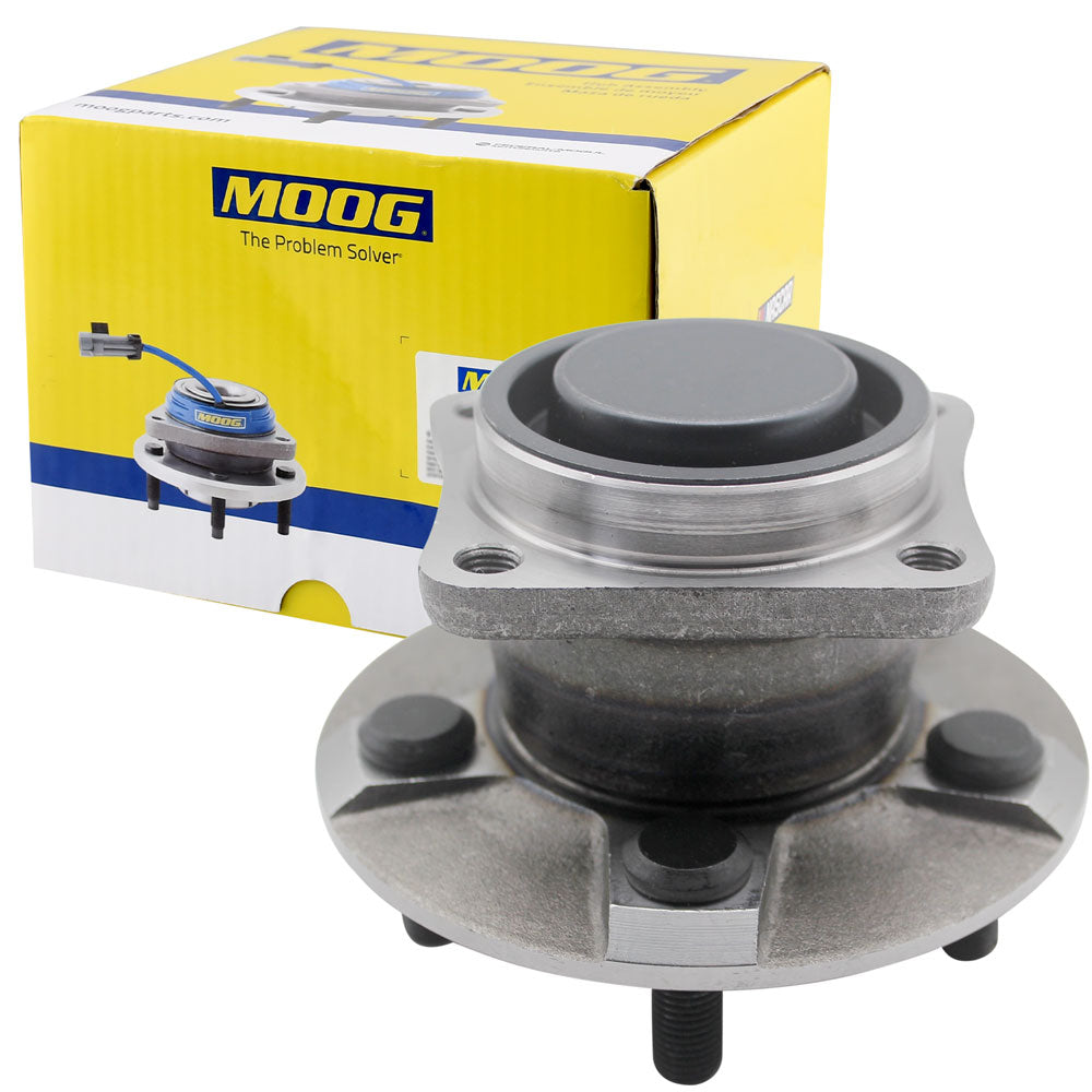 MOOG wheel hub assembly and bearing, yellow branded box, automotive replacement part.


