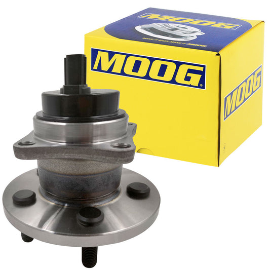 MOOG wheel hub assembly with ABS sensor, precision fit, durable, easy to install, shown with signature yellow MOOG box.

