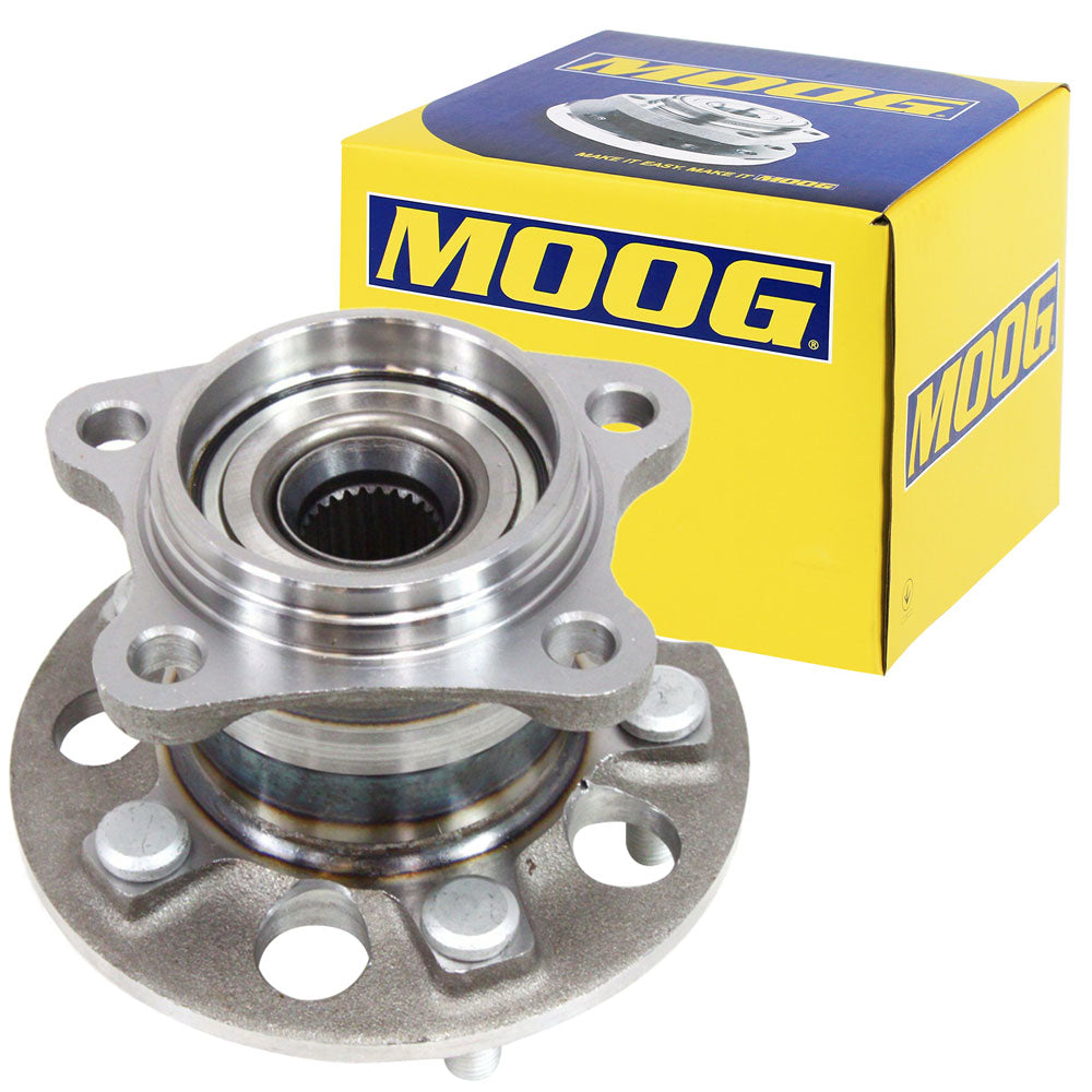 MOOG wheel hub assembly, high-strength steel, precise fit, corrosion resistant, shown with branded yellow MOOG box.

