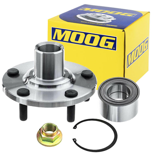 MOOG wheel hub assembly kit with bearing, nut, and snap ring, featuring durable construction and easy installation.