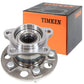TIMKEN wheel hub assembly with bearing, shown in front of an orange-black TIMKEN box, automotive replacement part.


