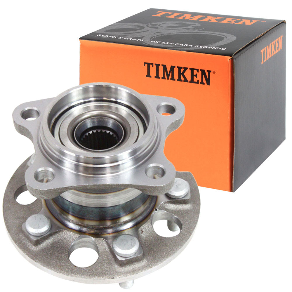 TIMKEN wheel hub assembly with bearing, shown in front of an orange-black TIMKEN box, automotive replacement part.

