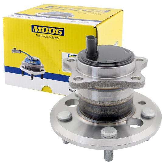 MOOG wheel hub assembly with ABS sensor, precise fit, durable construction, easy installation, yellow MOOG box included.

