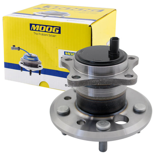 MOOG wheel hub assembly with ABS sensor, precision fit, durable, shown with branded yellow box and "The Problem Solver" slogan.

