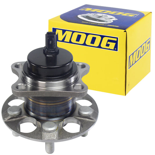 MOOG wheel hub assembly with sensor, front view, yellow branded box, automotive replacement part.


