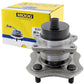 MOOG wheel hub assembly with ABS sensor, placed in front of a yellow MOOG branded box, automotive replacement part.

