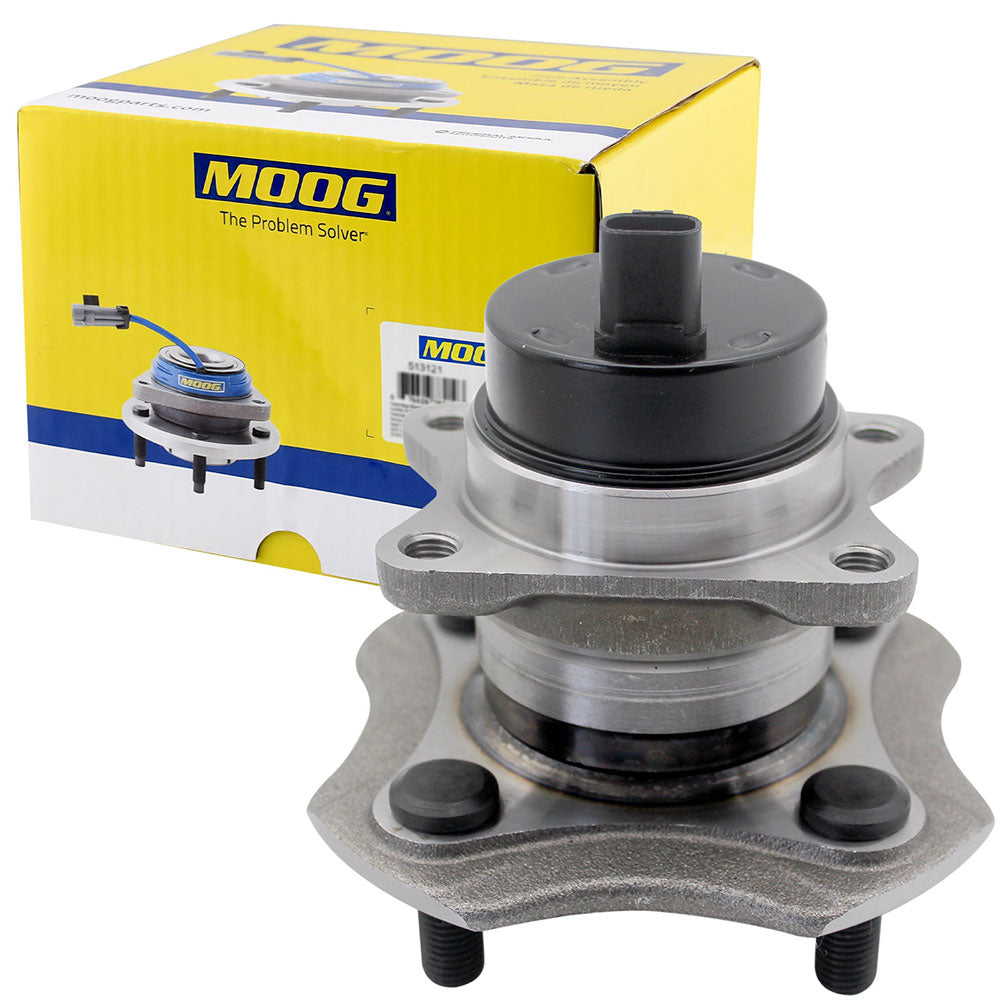 MOOG wheel hub assembly with ABS sensor, placed in front of a yellow MOOG branded box, automotive replacement part.

