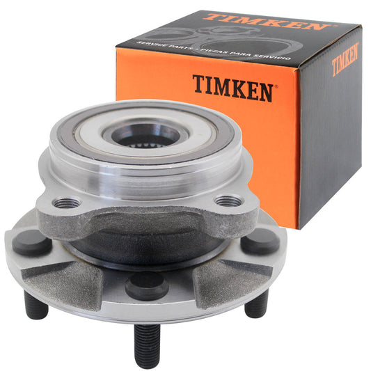 TIMKEN wheel hub assembly with bearing and studs, shown in front of an orange TIMKEN branded box, automotive replacement part.

