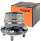 TIMKEN wheel hub assembly with bearing and studs, shown in front of an orange TIMKEN branded box, automotive replacement part.

