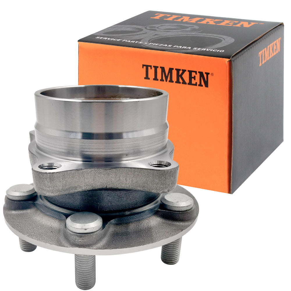 TIMKEN wheel hub assembly with bearing and studs, shown in front of an orange TIMKEN branded box, automotive replacement part.

