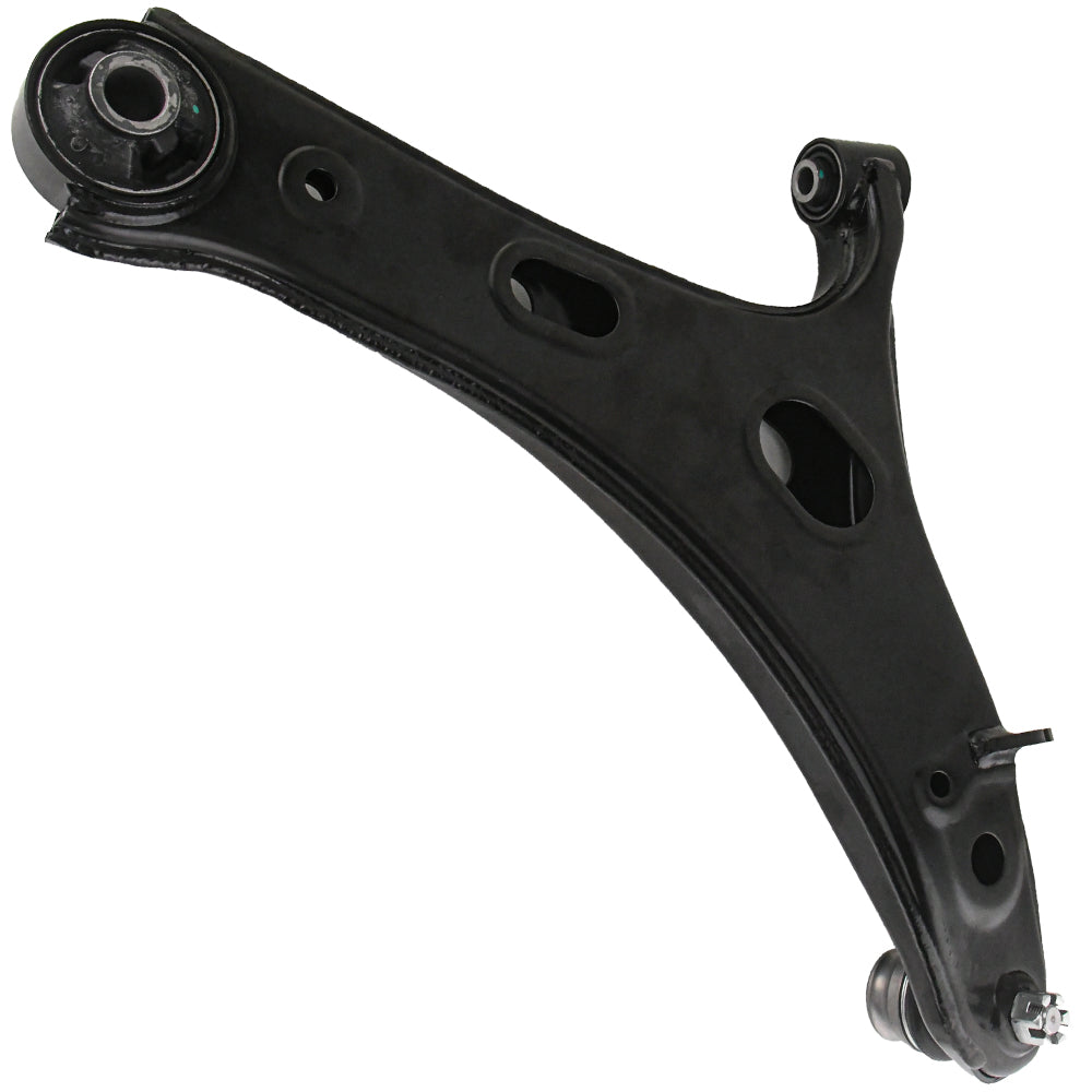 Two MOOG control arms with hardware, shown above a yellow-blue MOOG box labeled "Chassis Parts," automotive suspension components.

