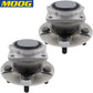 MOOG wheel hub assembly and bearing set, two angles shown, yellow branded box, automotive replacement part.

