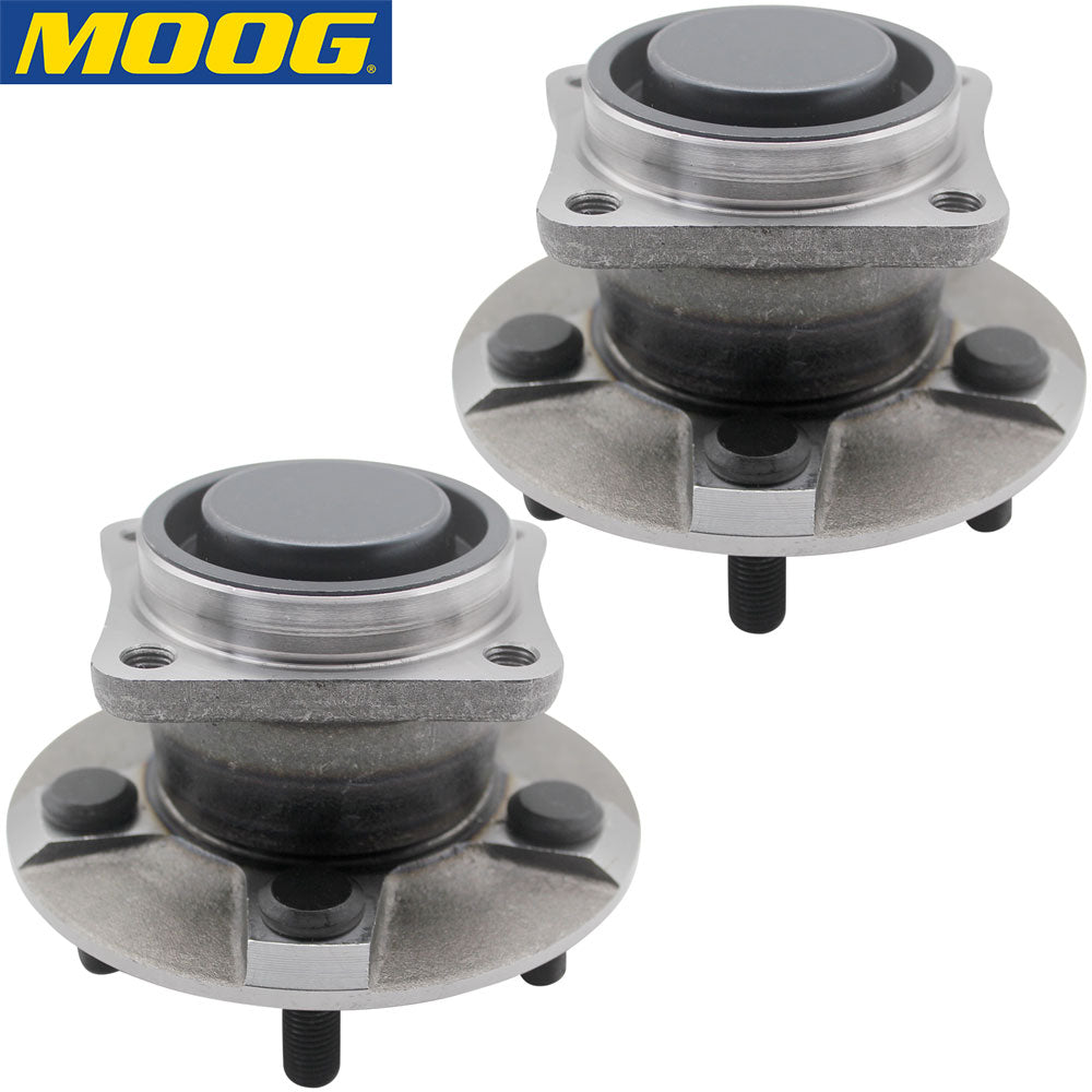 MOOG wheel hub assembly and bearing set, two angles shown, yellow branded box, automotive replacement part.

