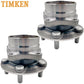 Two TIMKEN wheel hub assemblies with bearings and studs, displayed in front of an orange TIMKEN branded box, automotive replacement parts.

