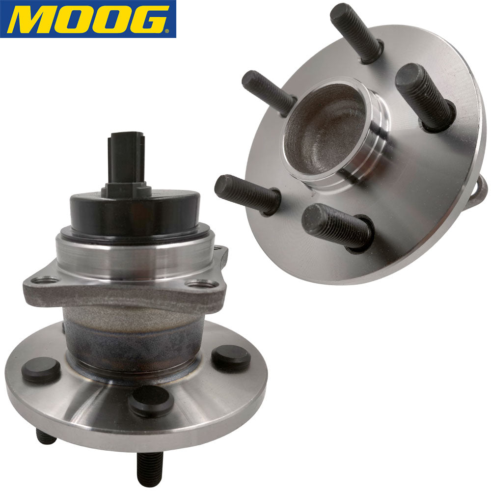MOOG wheel hub assemblies, front and back view, with ABS sensor, precision fit, durable, shown with yellow MOOG box.

