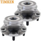 Two TIMKEN wheel hub assemblies with studs, shown from different angles, in front of an orange TIMKEN branded box, automotive replacement parts.

