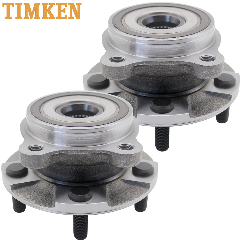 Two TIMKEN wheel hub assemblies with studs, shown from different angles, in front of an orange TIMKEN branded box, automotive replacement parts.

