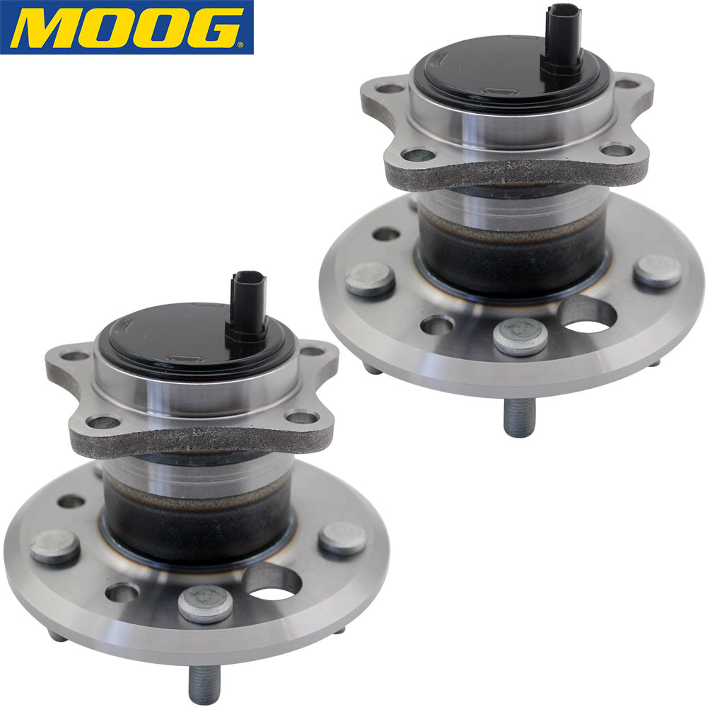 MOOG wheel hub assemblies, front and back view, with ABS sensor, precision fit, durable, shown with yellow MOOG box.

